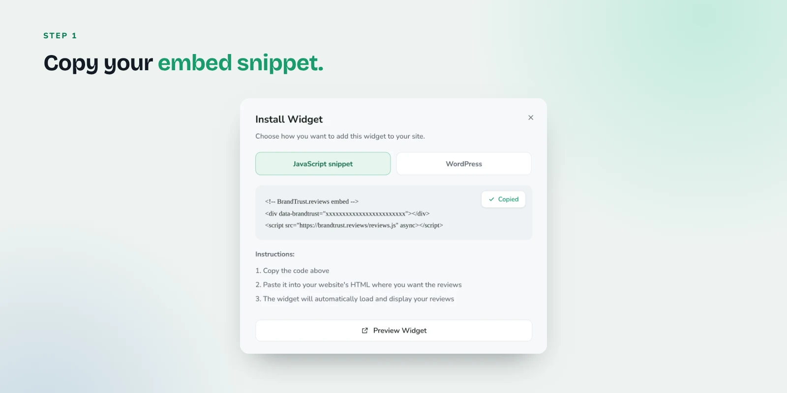 The BrandTrust.reviews Install Widget window showing the embed snippet to copy into Wix